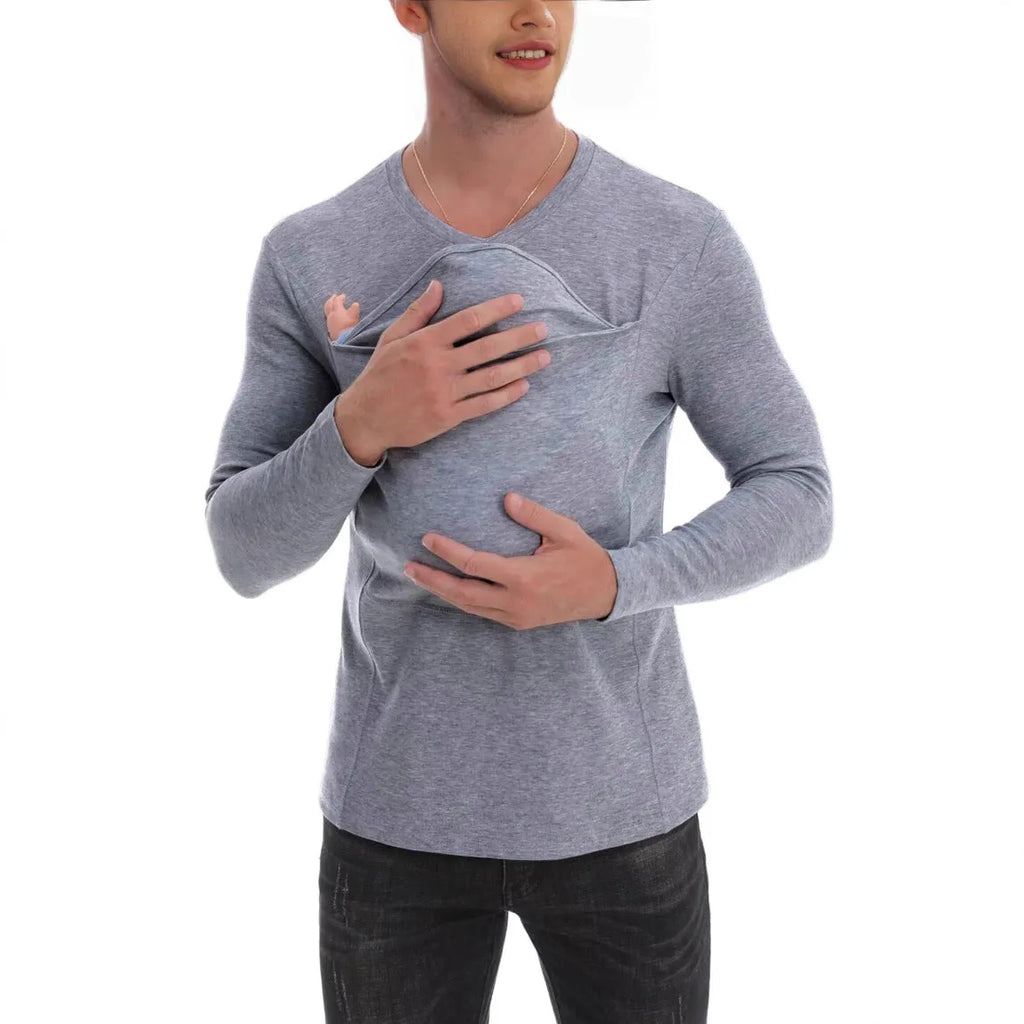 Kangaroo Dad pure cotton long sleeve T-shirt in gray, solid colour spliced design pullover