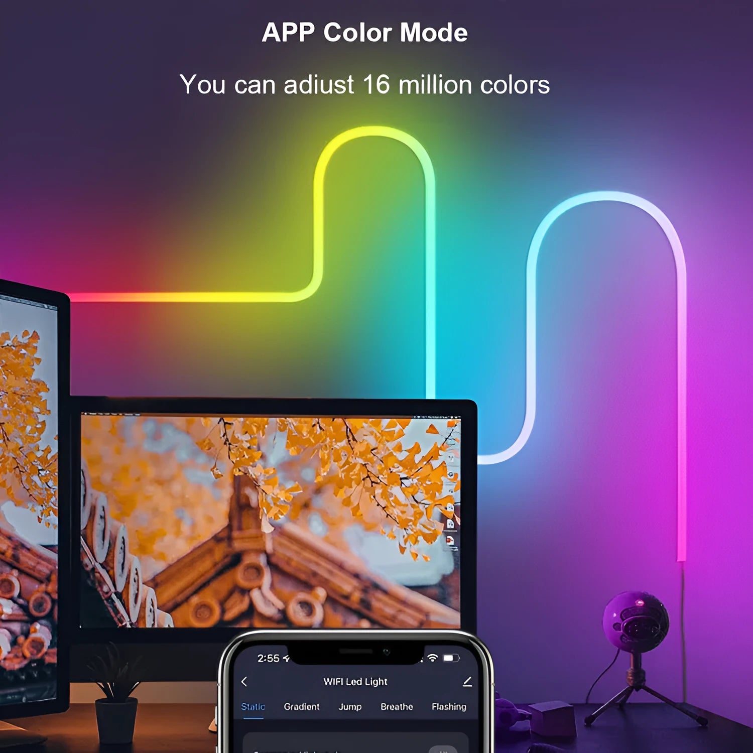 3-metre long flexible USB RGB neon LED light strip with remote control on a white background.