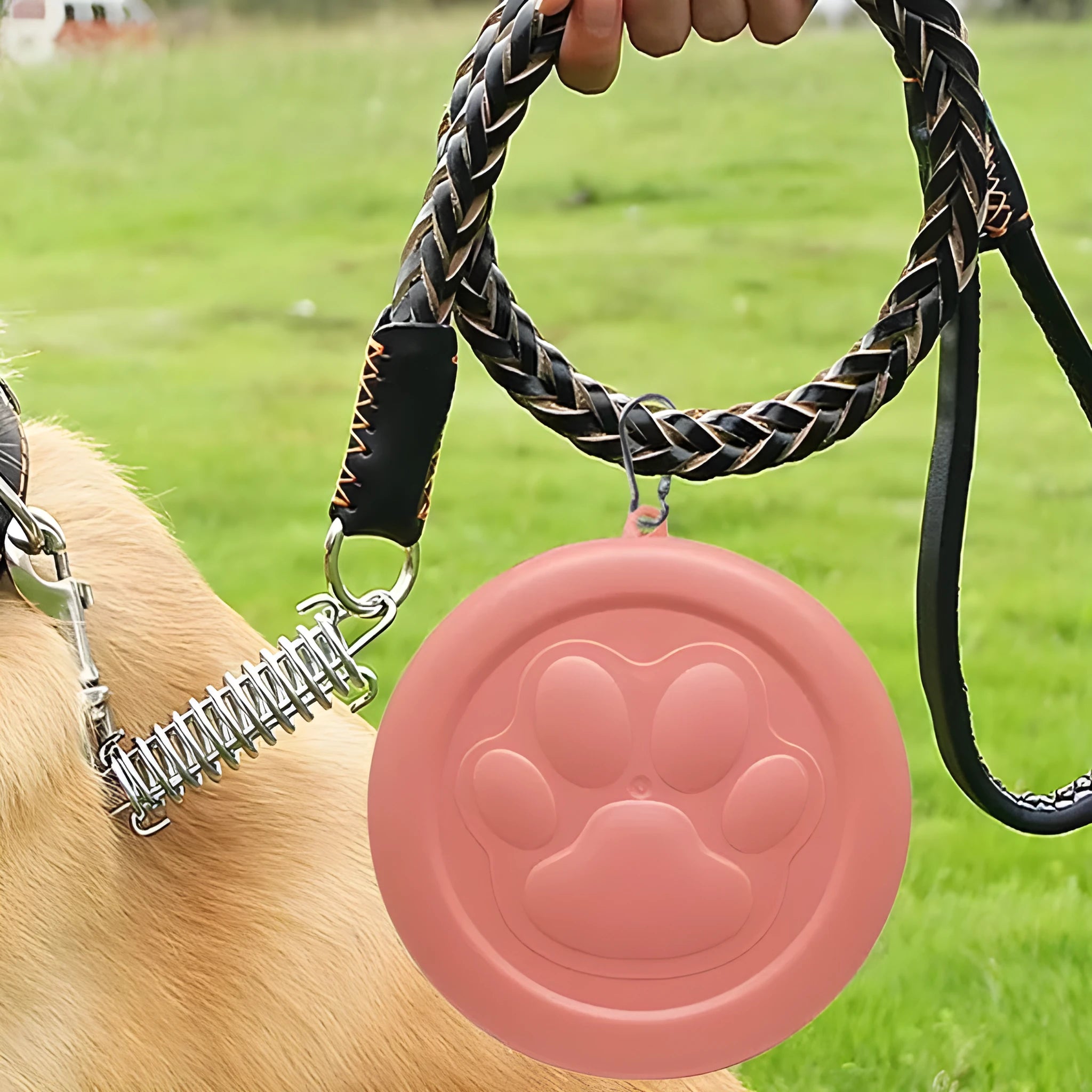 Portable plastic dog food and water bowl in S and L sizes, showing colour options including pink and green.