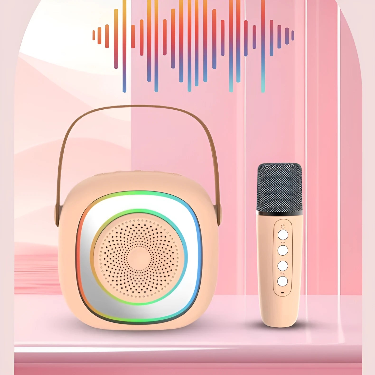 Wireless black and wheat coloured Bluetooth karaoke microphone with card slot and USB port.