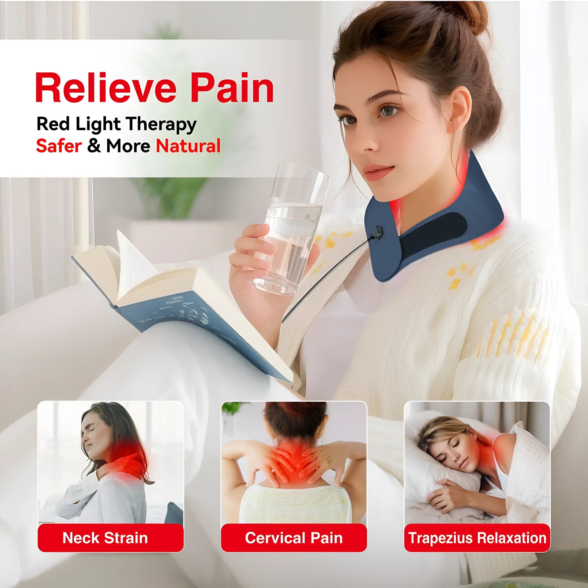 Red light hot compress neck mask with pulse physiotherapy functions in dark sky blue colour