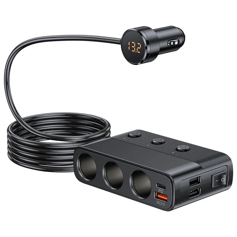 C28 black vehicle cigarette lighter charger with USB 3.0, QC 3.0 and PD ports on 1 metre cable