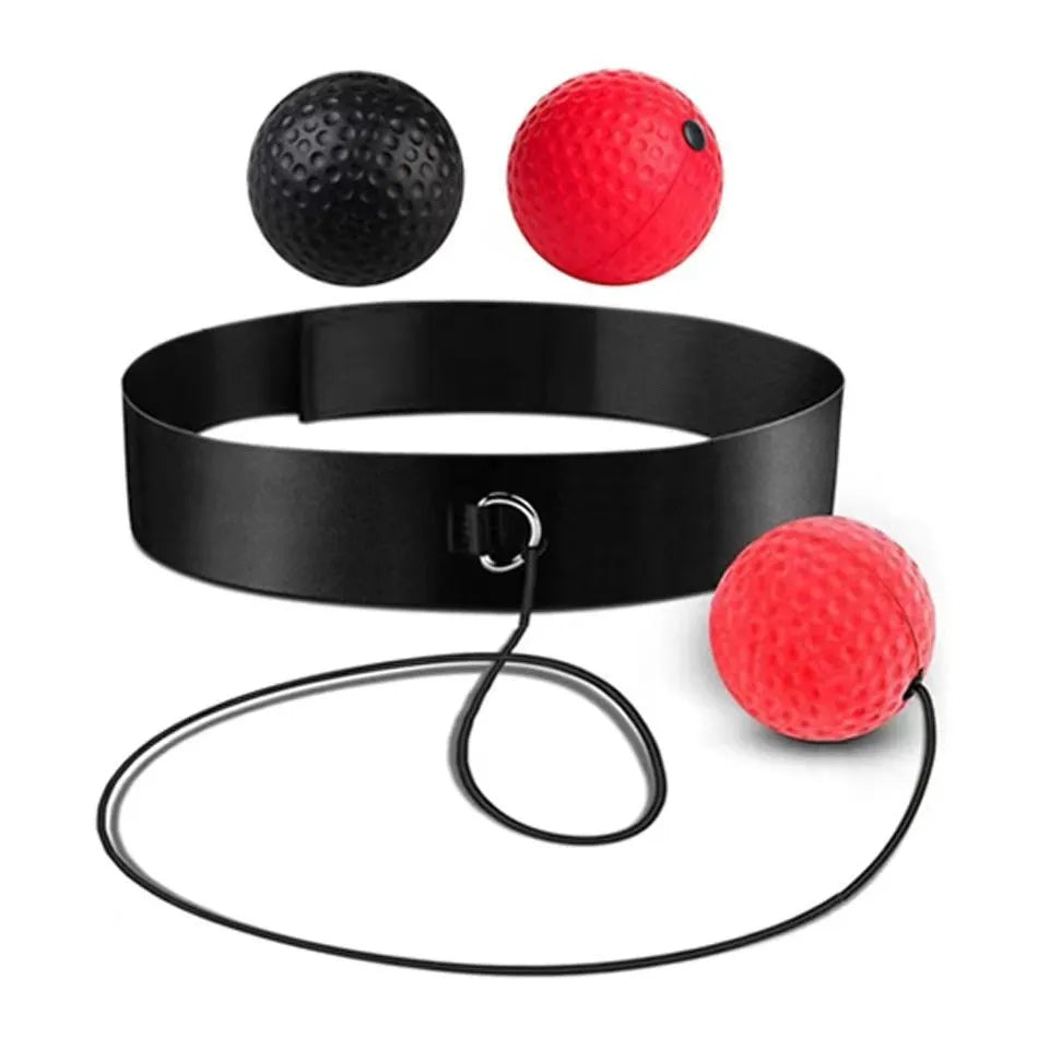 Head-mounted boxing reaction training ball set showing multiple coloured balls and two styles of adjustable headband.