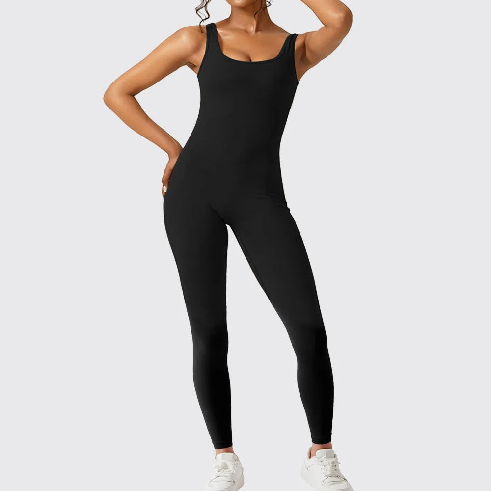Women's sleeveless flare jumpsuit fitness yoga pants in high elasticity polyester fabric