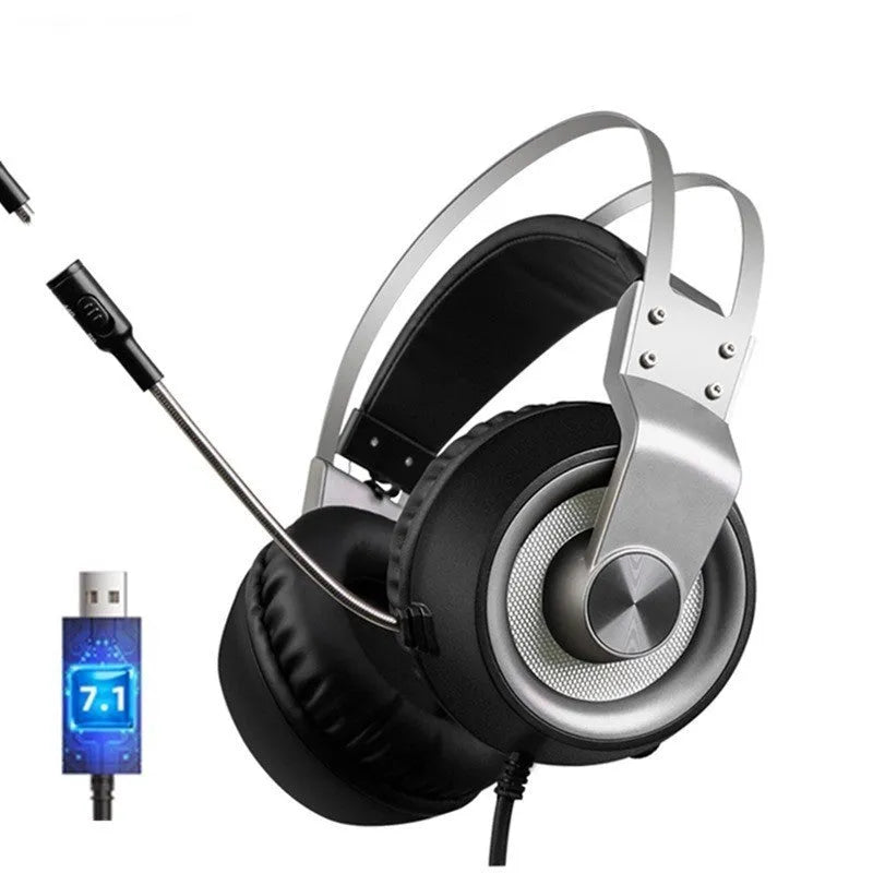 Head-mounted wired USB gaming headset in black with 50mm driver and microphone, 2.2m cable