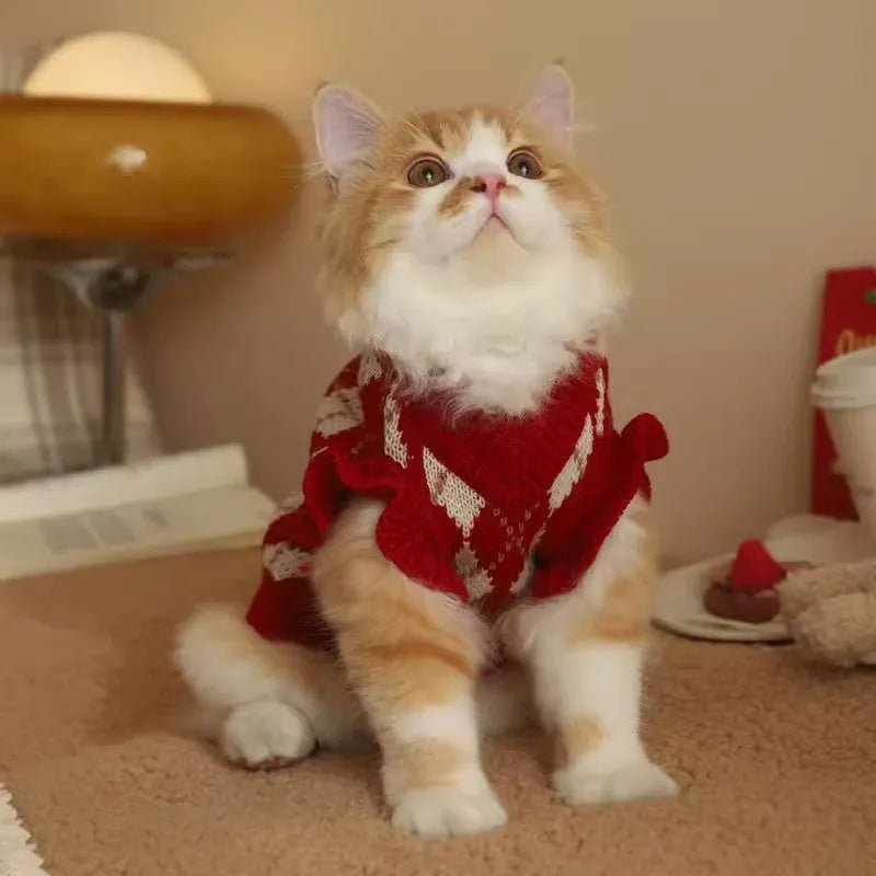 Red cat sweater with rhombic embroidery cherry design for autumn and winter wear