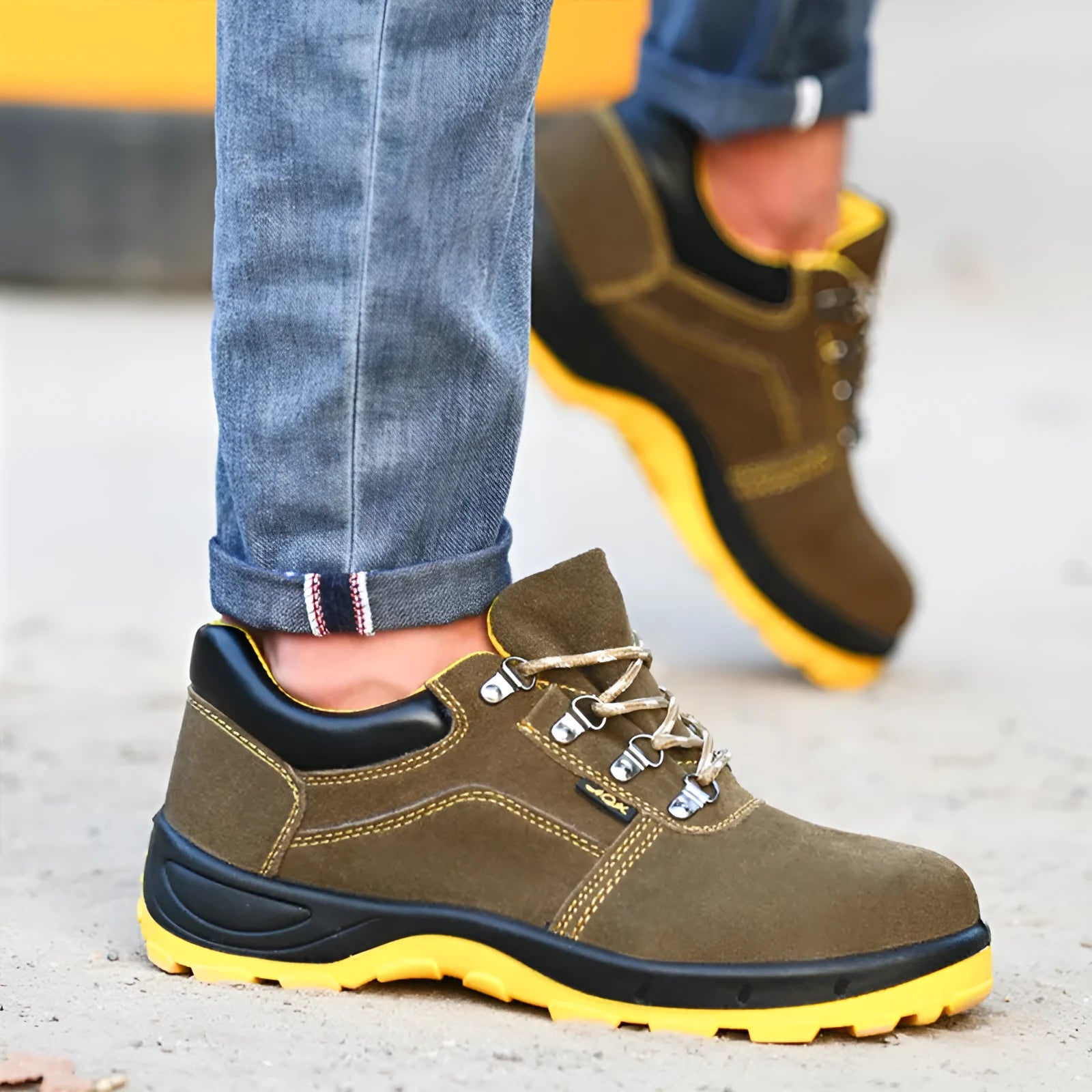 Bronze coloured cowhide steel toe safety shoes with anti-skid sole pattern