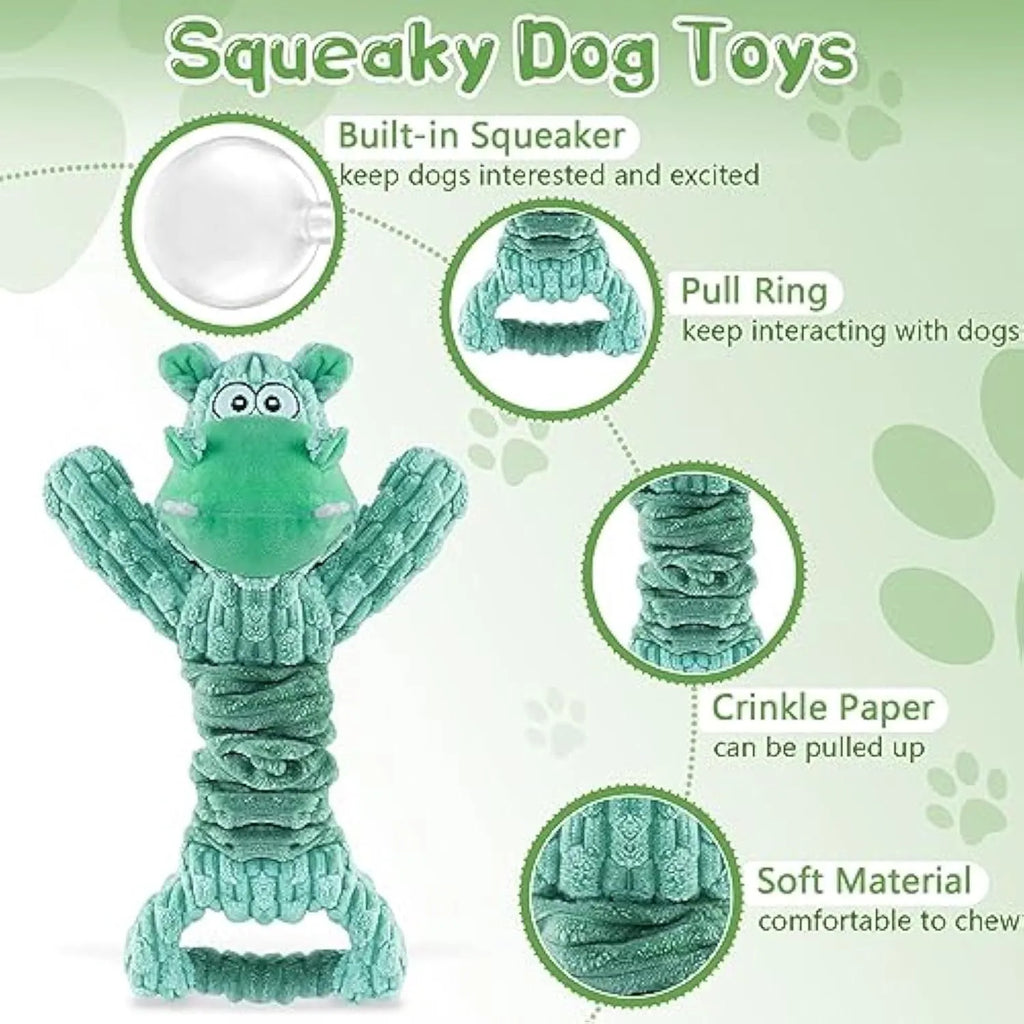 Large soft plush dog toy with bright colours and a handle, showing its size for scale.