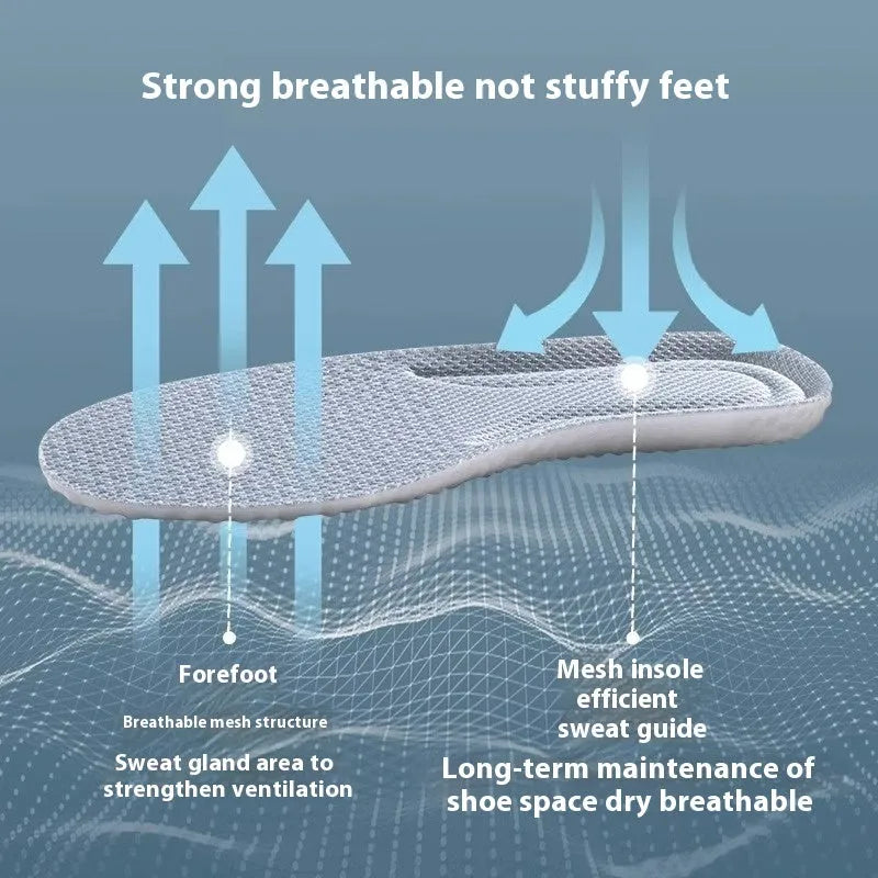 A pair of grey breathable PU foam sports insoles on a white background, showing their texture and trimmable design.