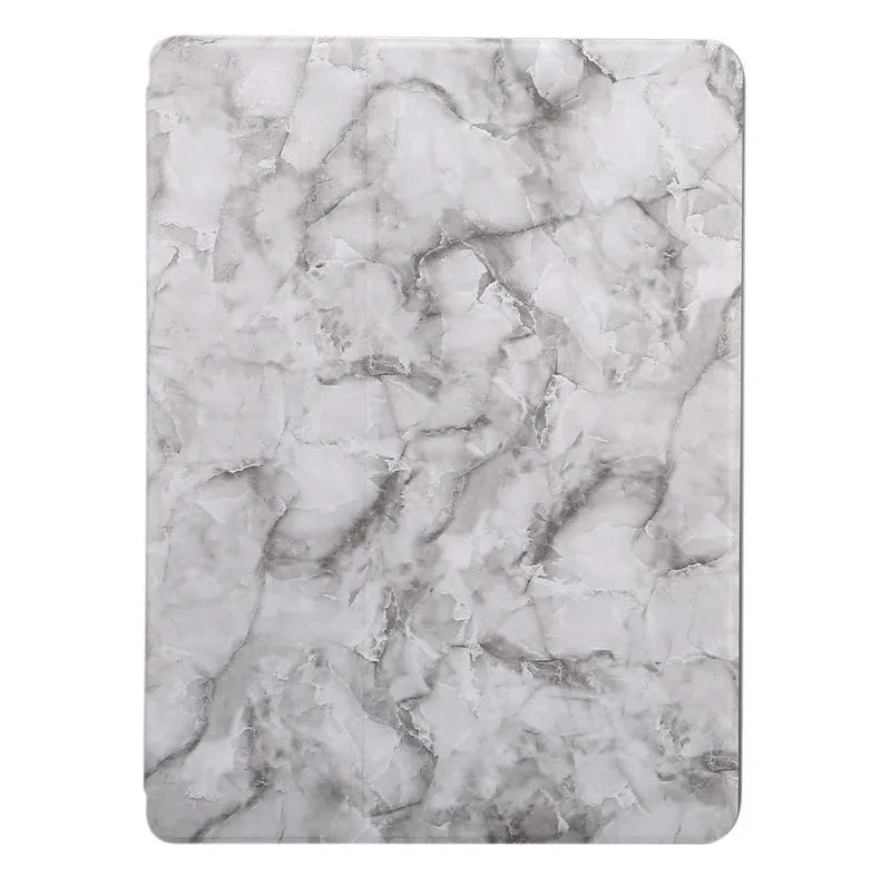 Tri-fold marbling print imitation leather iPad case with a built-in pen slot, shown in dark gray.