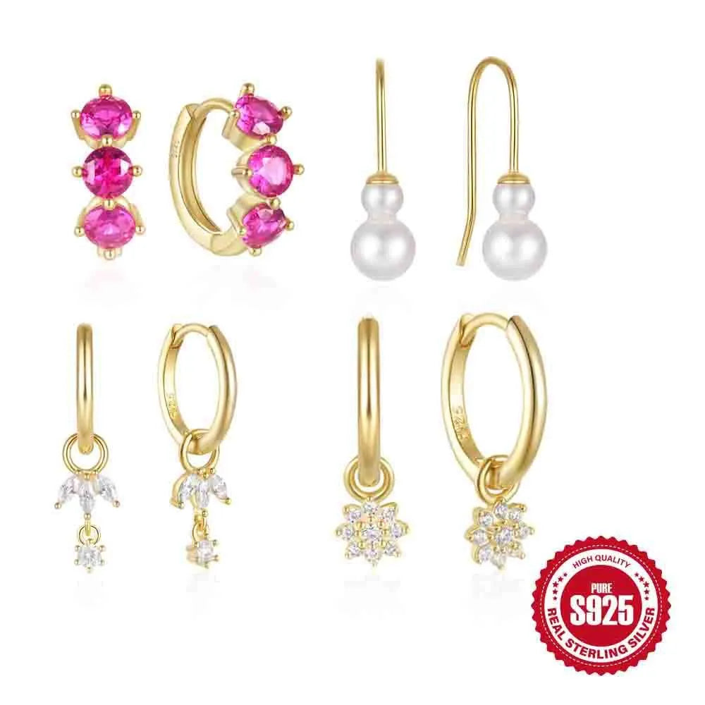 Golden S925 sterling silver sunflower stud earrings with geometric shape and inlaid zircon stones.