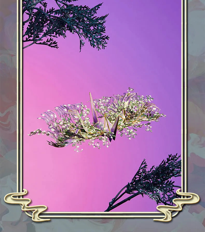 Flower Crane metal puzzle kit in colour box, showing assembled crane model with LED light