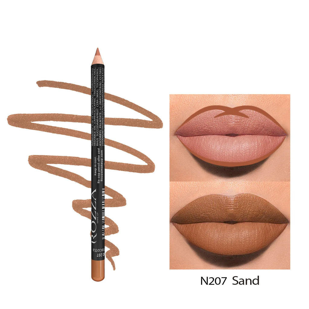 Wood lip liner pencil in matte finish showing shade range from 201 to 214, waterproof and transfer-resistant