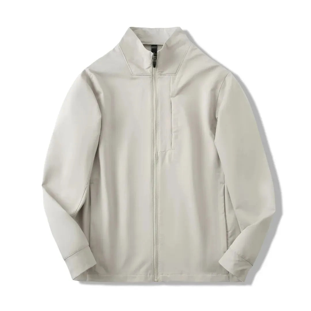 Men's black stand collar casual jacket with long sleeves and a straight hem.
