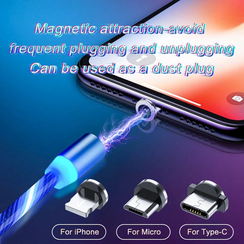 Magnetic charging cable with LED indicator, available in blue, red, green, and colorful options.