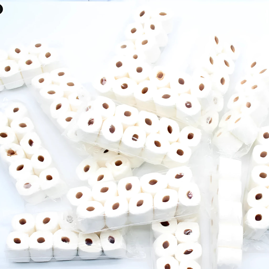 Small white paper model of a tissue roll for dollhouse play, showing 30mm width and 80mm height.