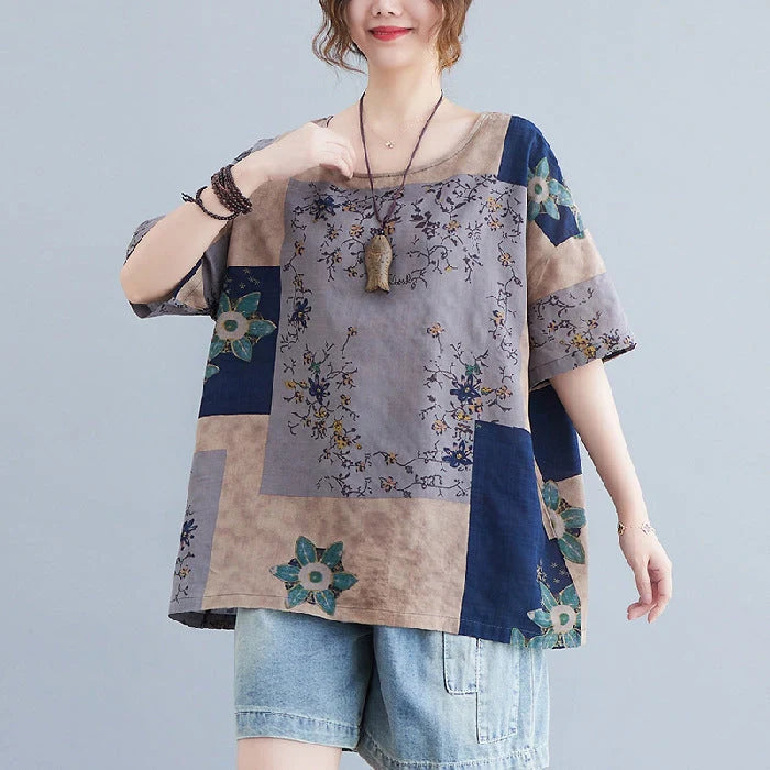 Ethnic style loose round neck print short sleeve t-shirt in ramie fabric
