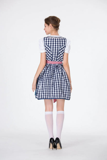 Bavarian Traditional Beer Dress in red, featuring a top, skirt, and apron, made from a cotton-polyester blend.