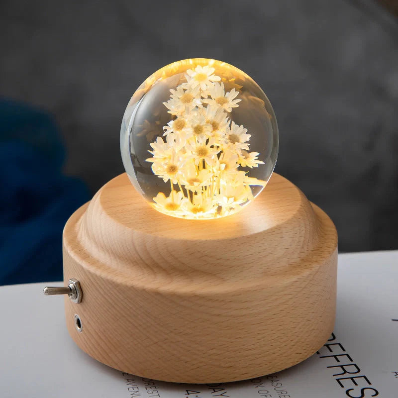 LED Night Light Flower Crystal Ball with wooden base, perfect for children's bedrooms