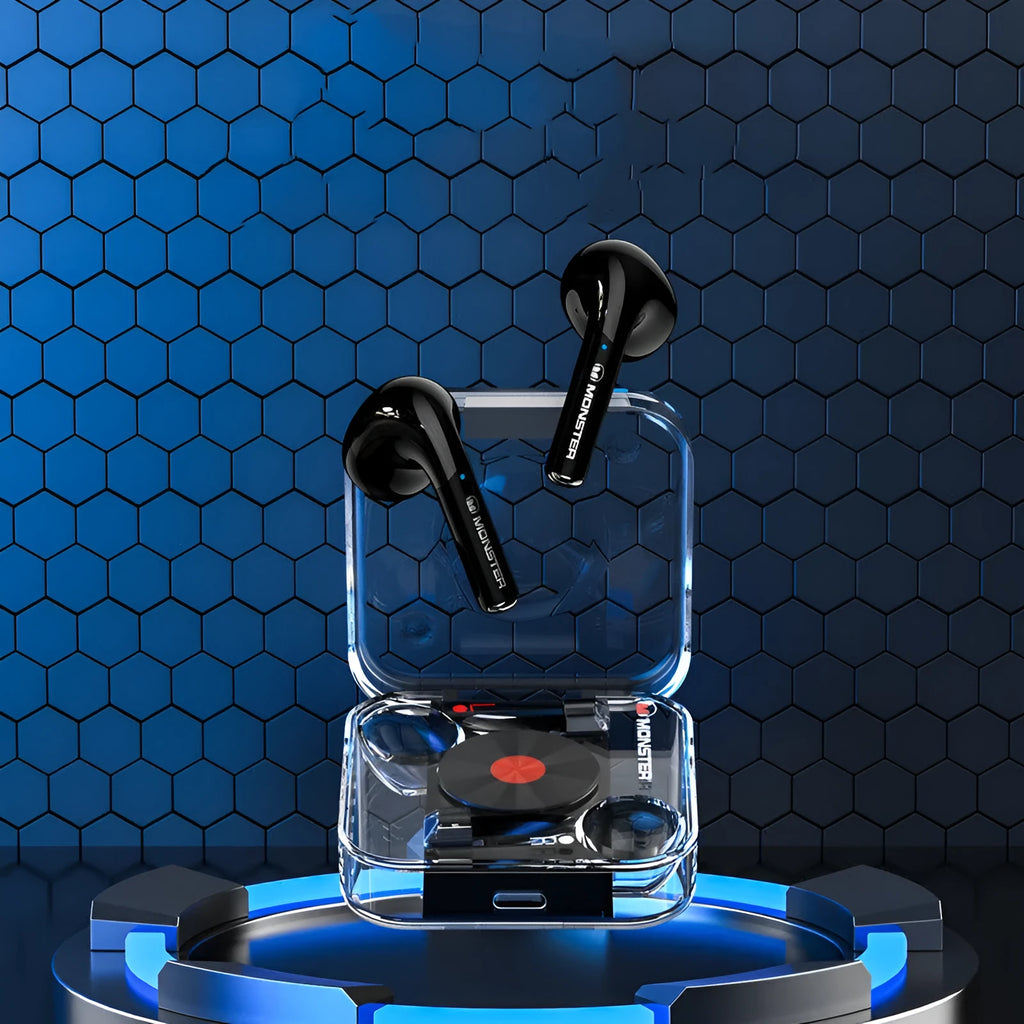 Wireless Bluetooth headphones in transparent black colour with earplug design.