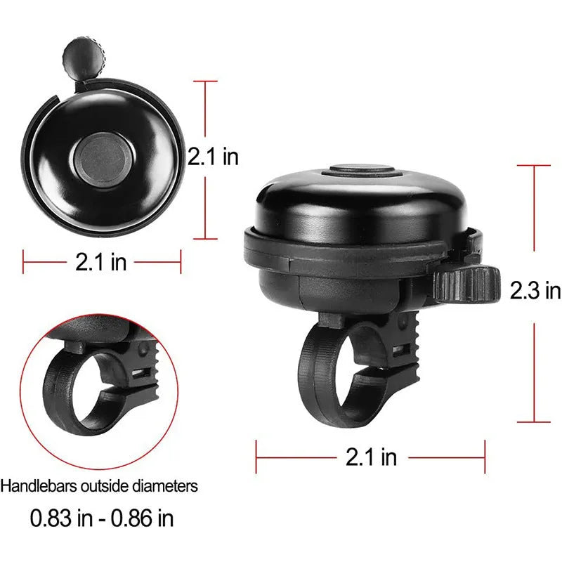 Black ABS plastic bicycle bell with external mounting bracket for 22mm handlebars