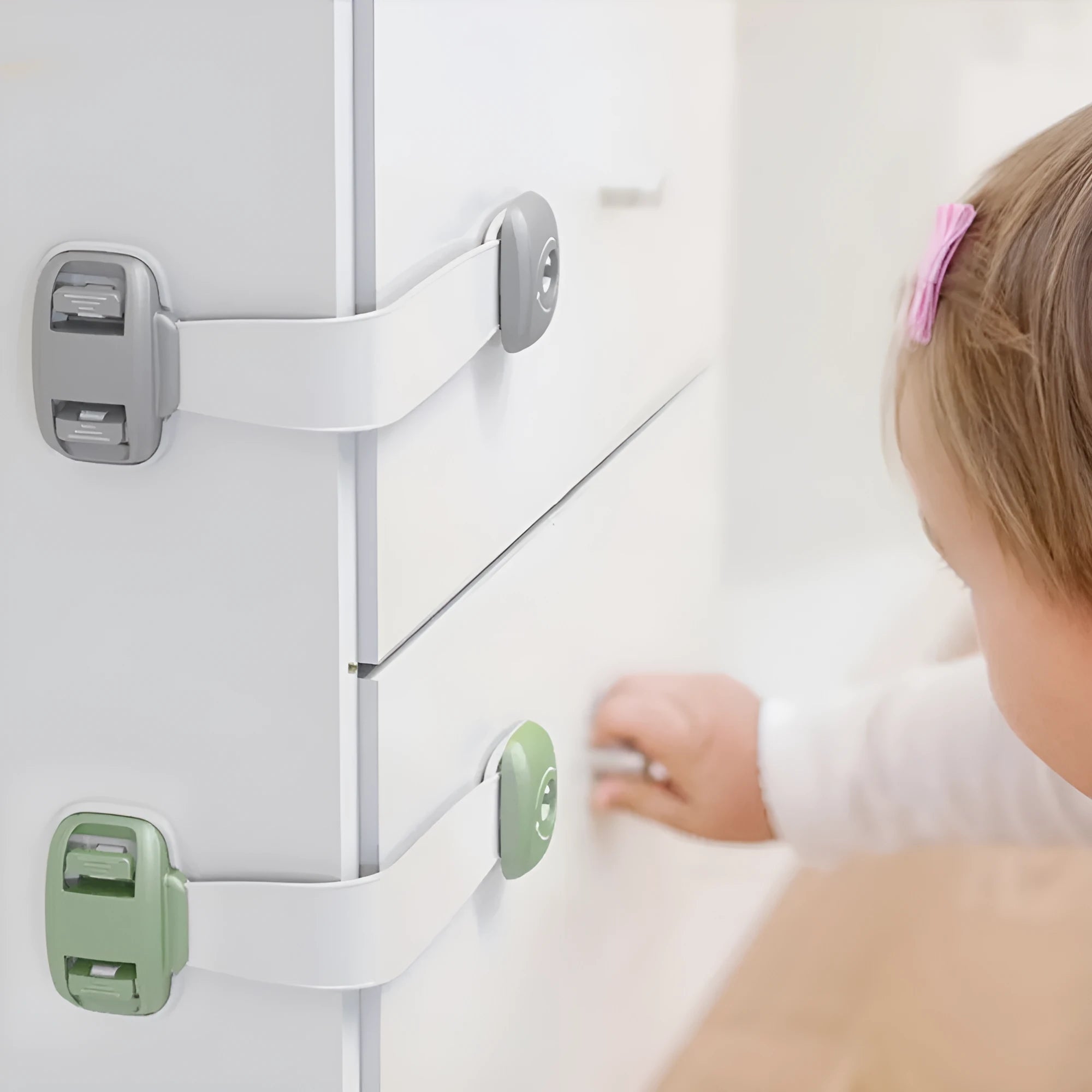 Adjustable child safety lock with strap shown securing a cabinet door using 3M adhesive
