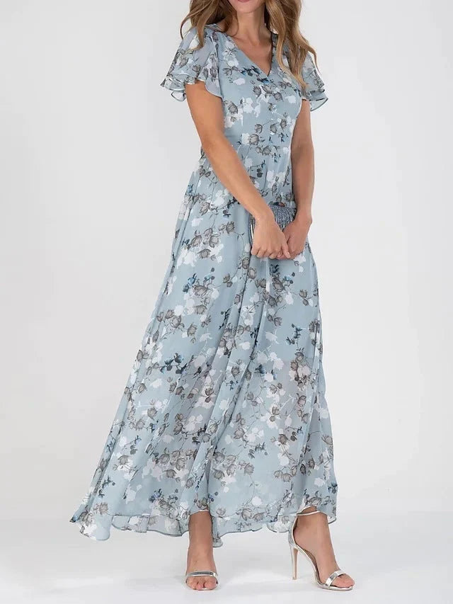 Floral print V-neck A-line dress with ruffle sleeves for women