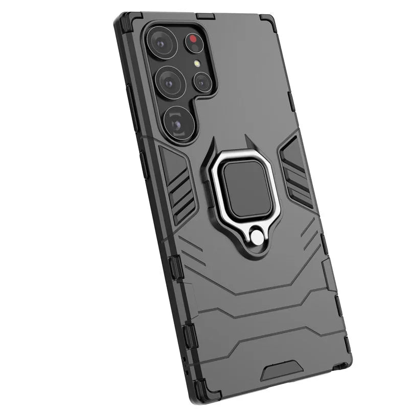 Black TPU PC phone case for Samsung Galaxy with kickstand bracket standing on a table