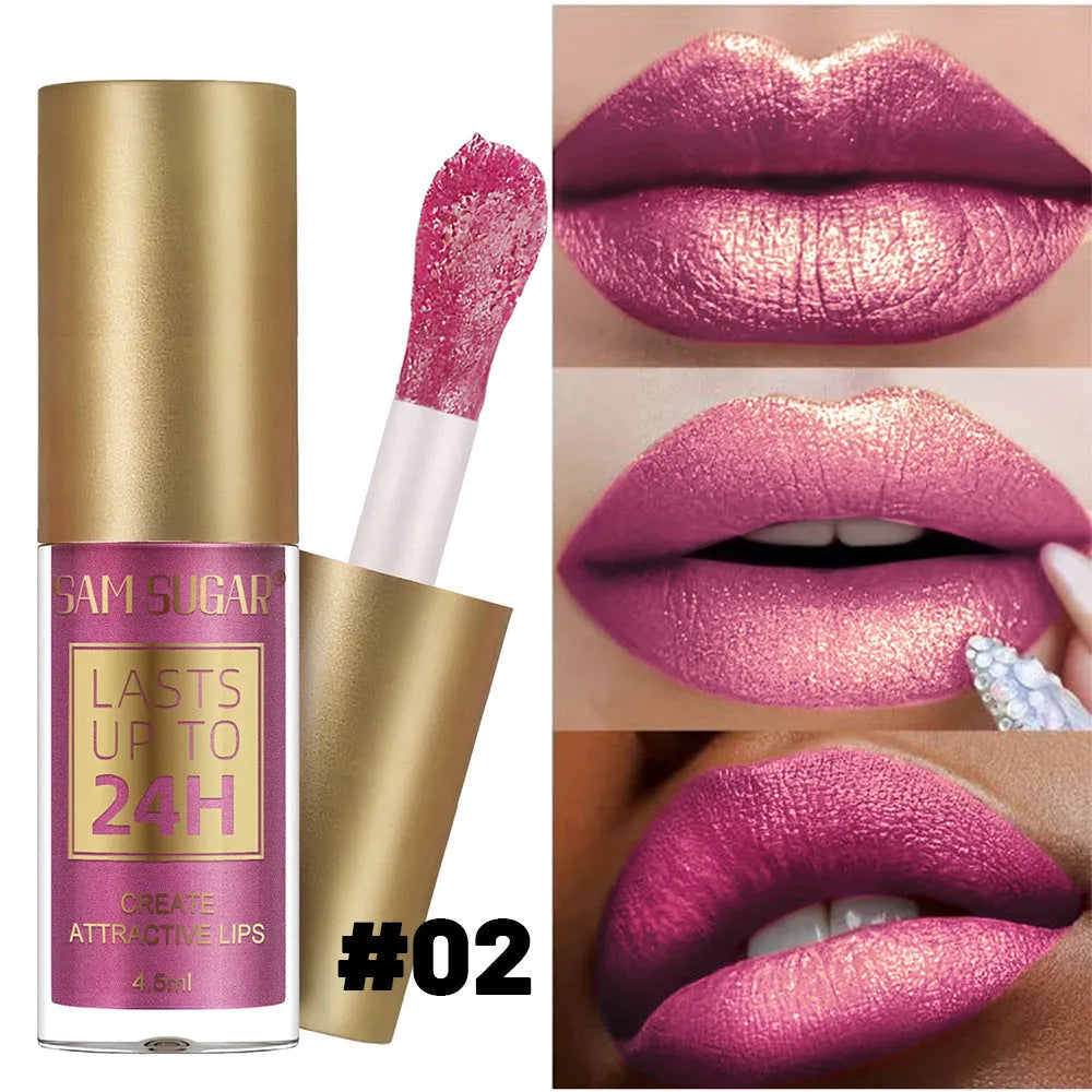 6-colour set of glittering pearlescent lip lacquer tubes in metallic finish shades 01 to 06