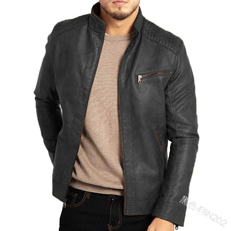Men's brown artificial leather punk motorcycle jacket with stand collar and straight hem