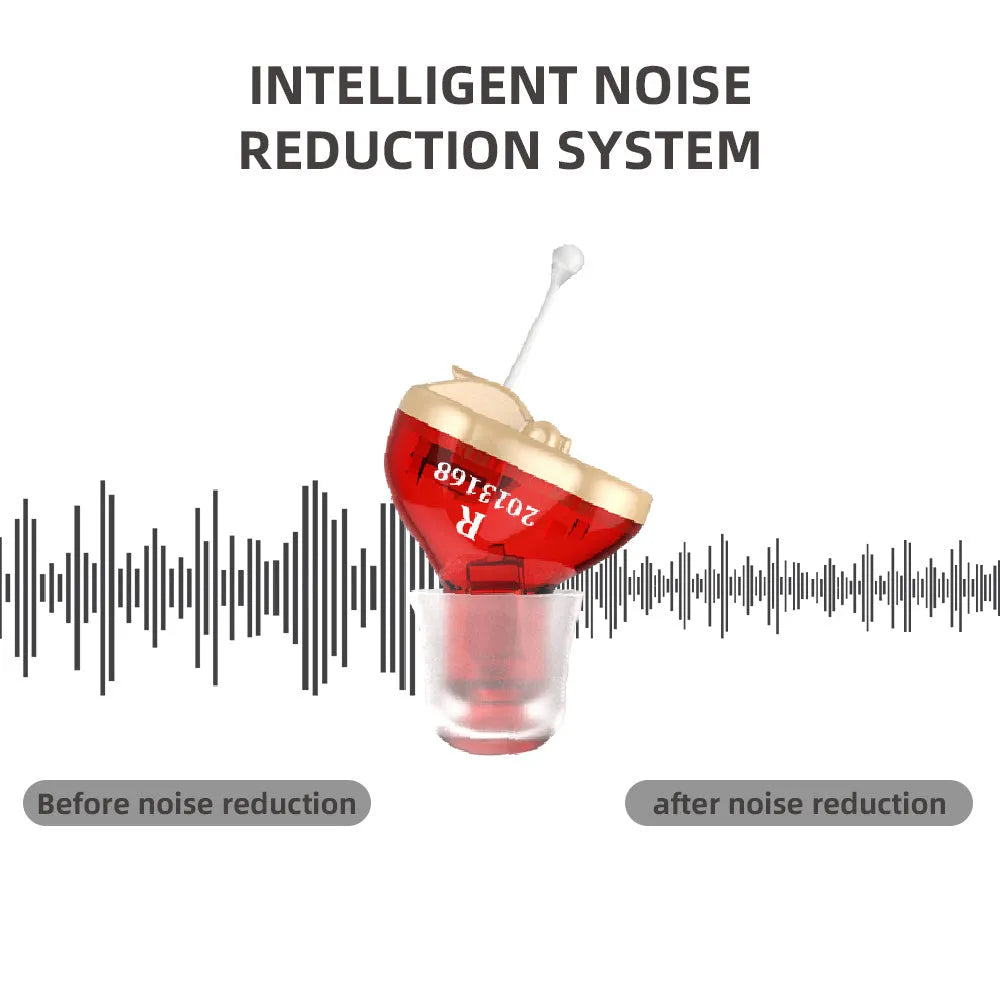Q10 red and blue CIC mini hearing aids with ear tips, cleaning brush, batteries, and adjustment tool.