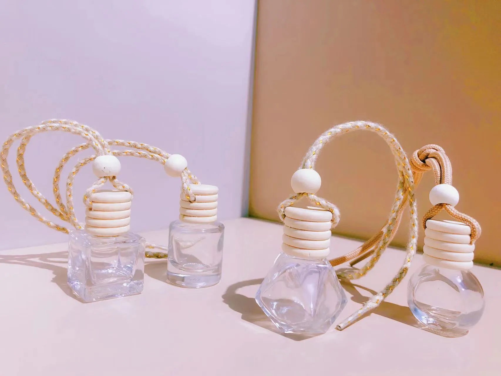 Car perfume pendant fragrance glass bottle in four container style options