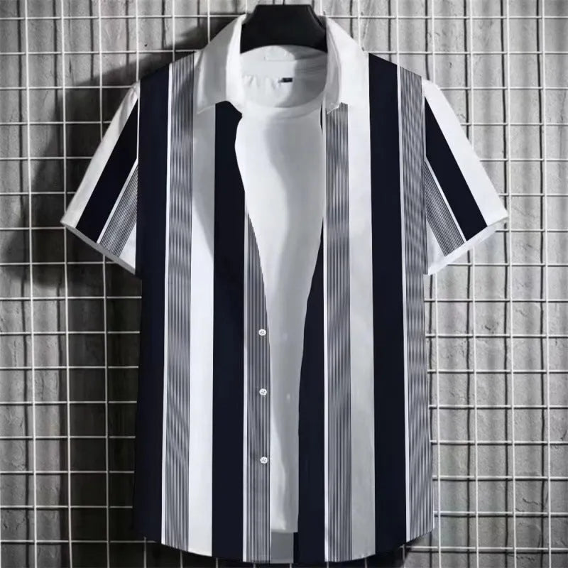 Linen men's short sleeve t-shirt with 3D printed striped pattern on a mannequin