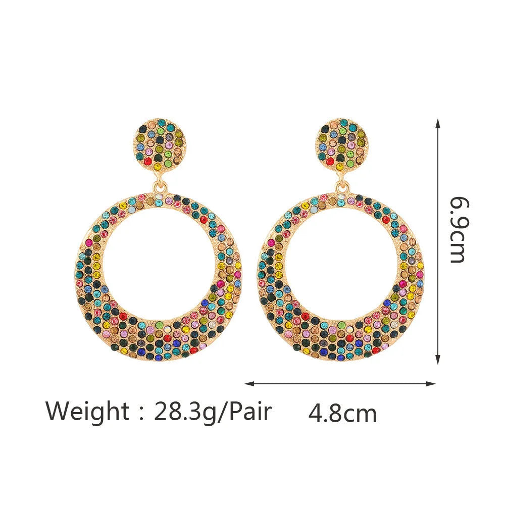 Colourful cartoon-style metal pendant earrings with a large round base and diamond shape for women.