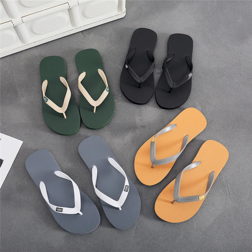 Men's flip-flops with rubber sole and EVA upper in black, green, orange, and grey colour options.