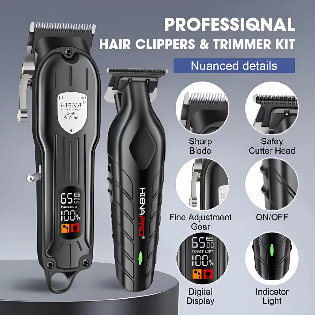 Black USB rechargeable hair clipper and foil shaver set with LCD display for men's grooming