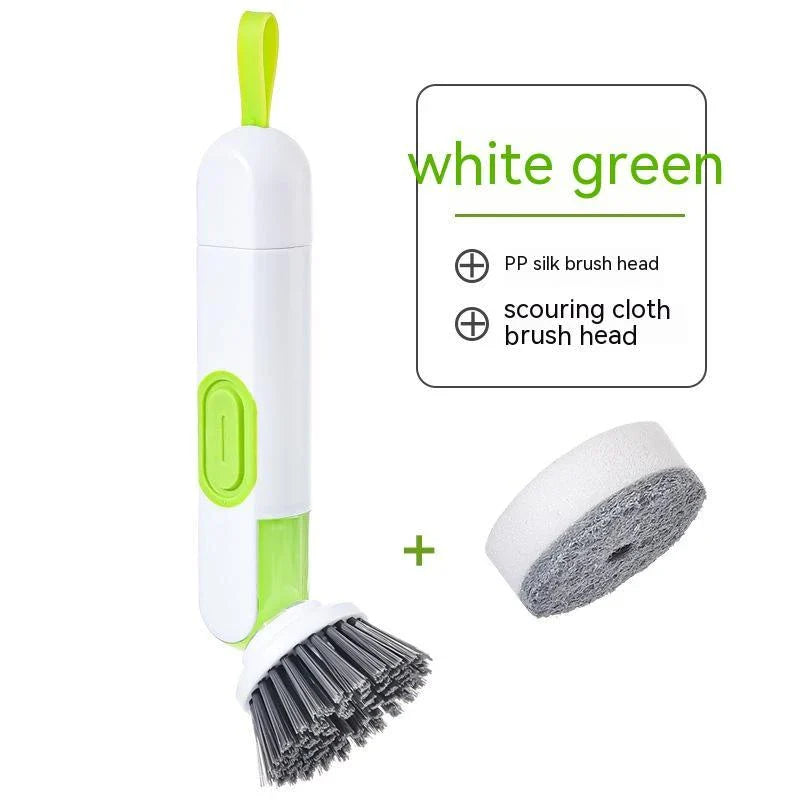 Self-cleaning kitchen scrub brush with soap dispenser and replaceable brush heads