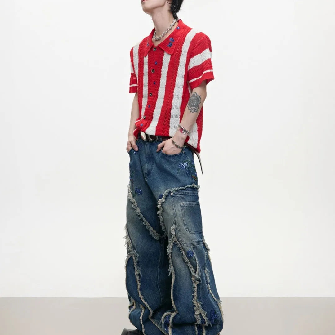 Men's retro patchwork striped knitted shirt in loose fit with short sleeves