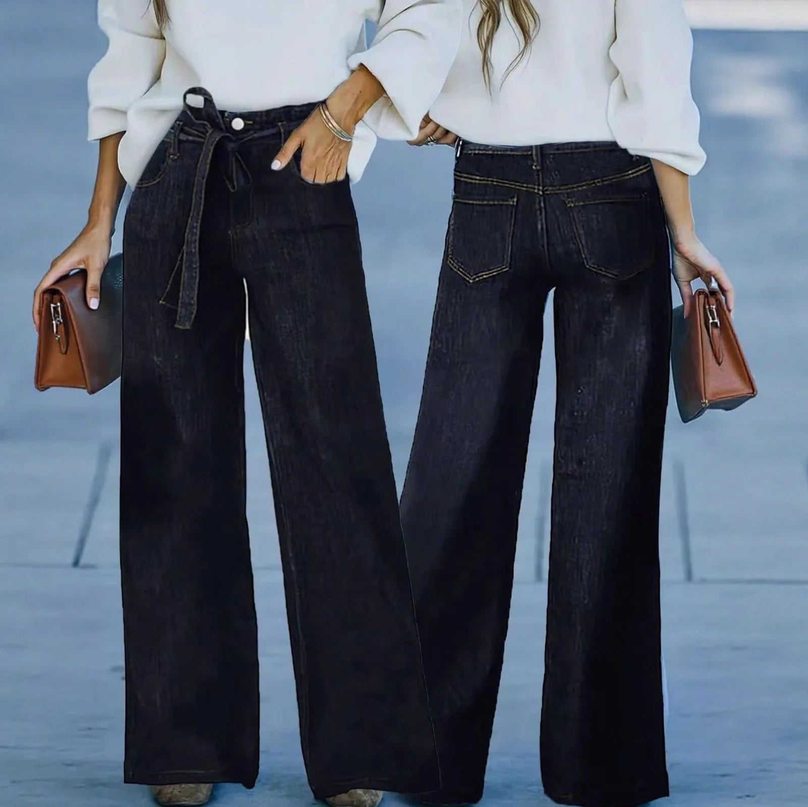 American Hot Girl Retro Wide Leg Jeans in 100% cotton denim with straight-leg design and wide openings