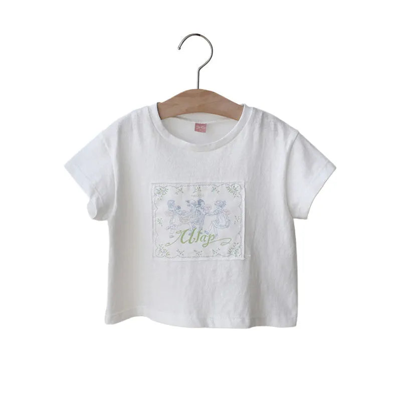 Girls retro pure colour cotton T-shirt with flower patches in pink, suitable for height 90-150cm