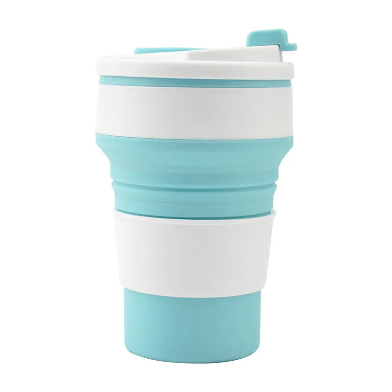 Collapsible silicone travel mug with leak-proof cover in various colours