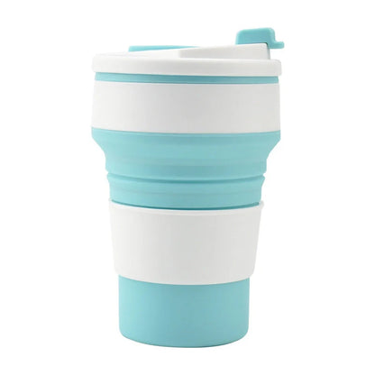 Collapsible silicone travel mug with leak-proof cover in various colours