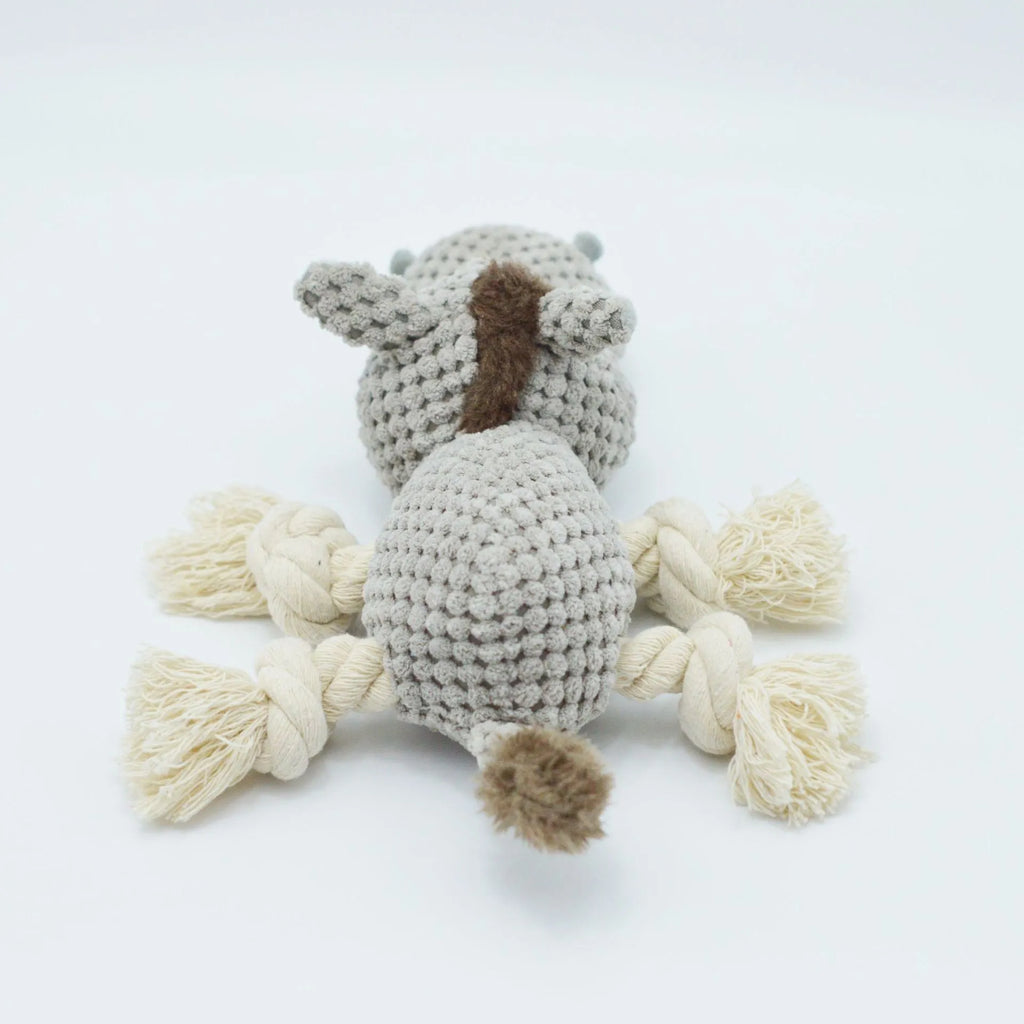 Grey donkey-shaped plush dog toy with squeaker measuring 27cm long