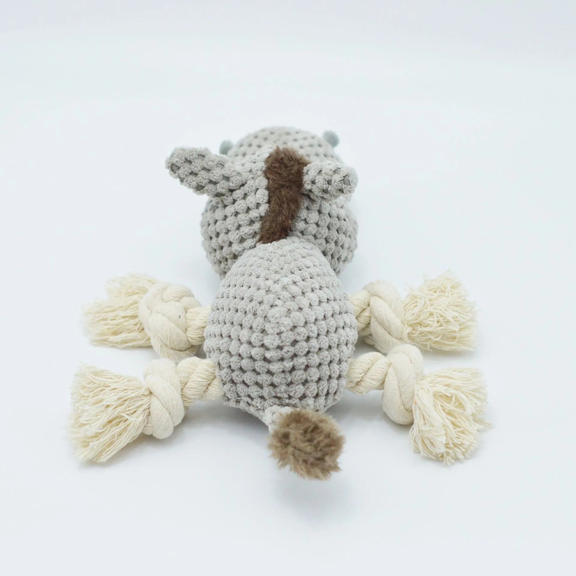 Grey donkey-shaped plush dog toy with squeaker measuring 27cm long