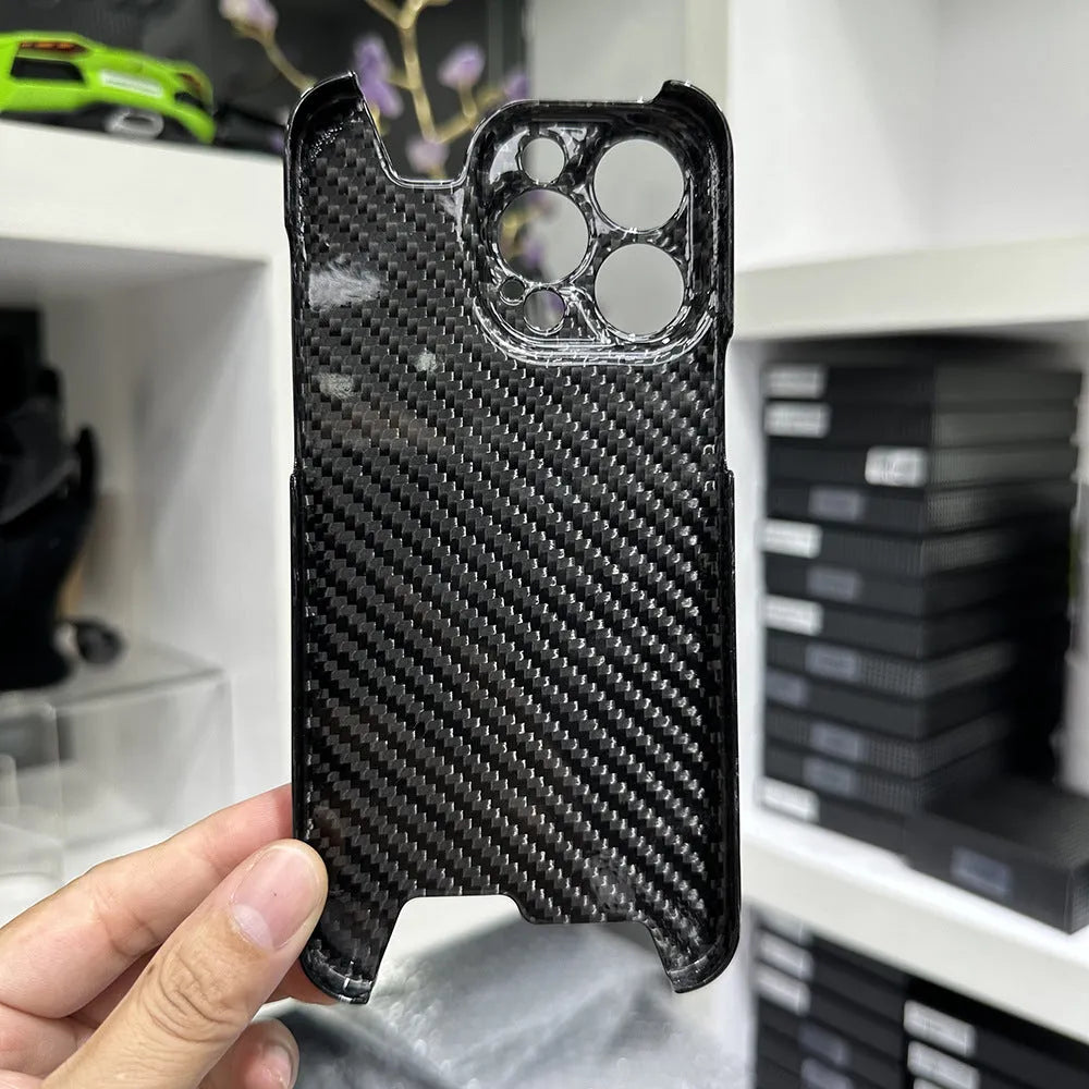 Forged carbon fiber hard phone shell for iPhone 15 Pro Max in bright black finish