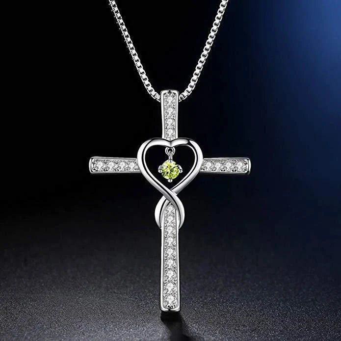 Christian Cross Birthstone Pendant Necklace with Zircon Heart in gold-plated finish