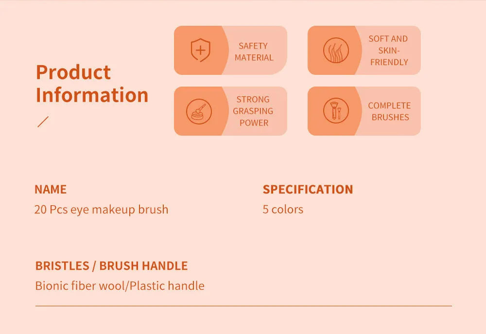 20-piece fluorescent makeup brush set with plastic handles and nylon wool bristles in OPP bag
