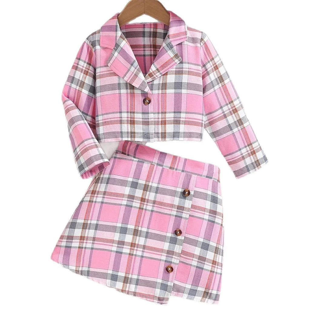 Girls plaid short skirt two-piece suit with long sleeve jacket, pink colour option, on child model