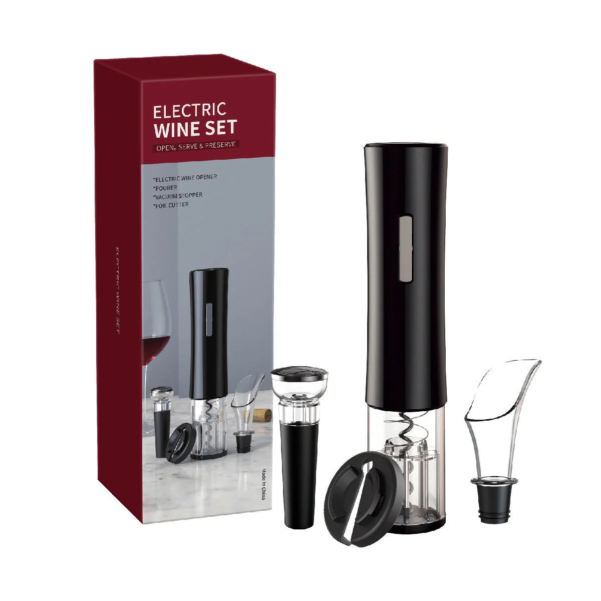 Rechargeable electric wine opener with LED light and tin foil cutter