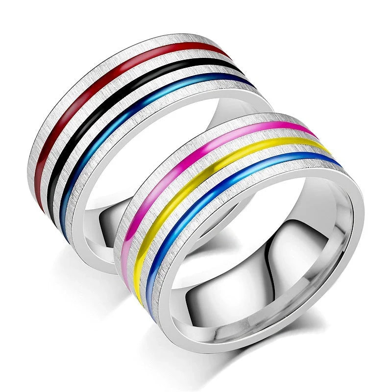 Titanium steel ring with unique rainbow oil drip design, available in silver